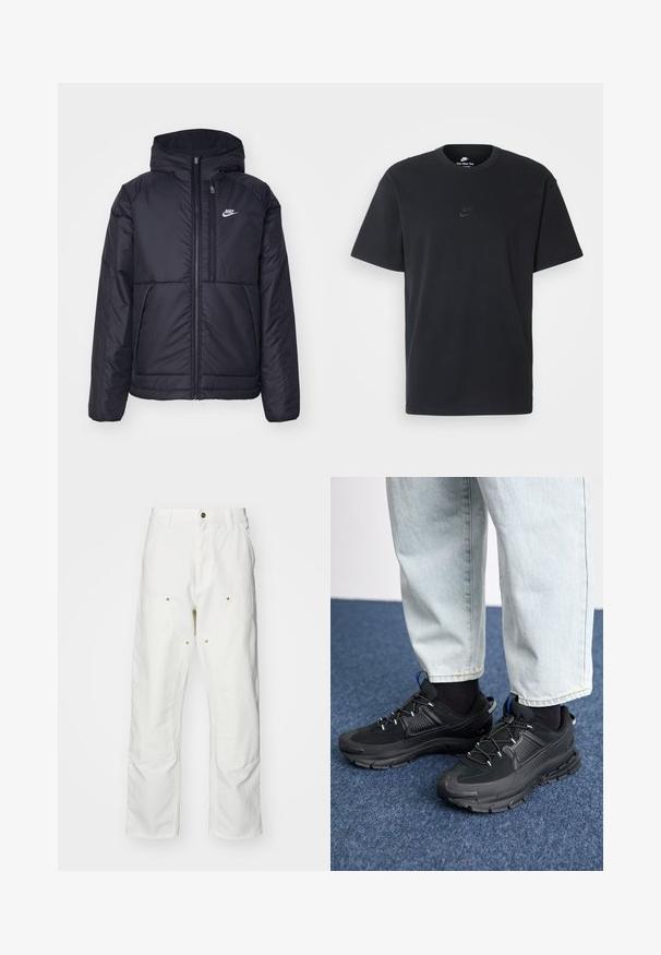 Svart, polstret Nike-jakke med frontglidelås og hette. Har en hvit logo på venstre bryst og doble frontlommer. Glatt ytterside.; Nike svart bomull T-skjorte med klassisk rund hals, korte ermer, og en subtil, preget logo på brystet. Glatt tekstur.; Hvite bomullscargo bukser med avslappet passform. Funksjoner inkluderer frontlommer, gullfargede detaljer og forsterkede knepartier.; Svarte sportssko med teksturert stoff og gummisåler, med elastiske lisser og en blå detalj på hælen. Brukt med lyse denimbukser.
