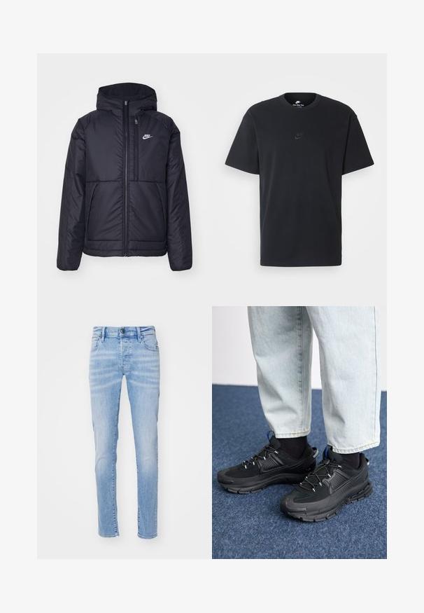 Casaco Nike preto, acolchoado, com fecho à frente e capuz. Apresenta um logo branco no lado esquerdo do peito e dois bolsos frontais. Textura exterior lisa.; T-shirt de algodão preto da Nike com um clássico decote redondo, mangas curtas e um logótipo em relevo discreto no peito. Textura suave.; Jeans de denim azul claro com um corte slim, apresentando um design de cinco bolsos, passantes para cinto e um fecho de botão. O tecido tem uma textura suave.; Sapatilhas desportivas pretas com tecido texturizado e solas em borracha, apresentando atacadores elásticos e um detalhe azul no calcanhar. Usadas com calças de ganga claras.