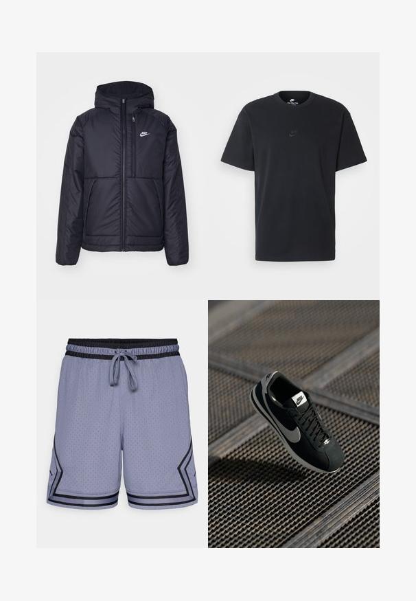 Must musta Nike jope, millel on ees lukuga avamine ja kapuuts. Vasakpoolne rind on kaunistatud valge logoga ning ees on kaks taskut. Sile välimine tekstuur.; Nike musta mustast puuvillast T-särk klassikalise ümmarguse kaelusega, lühikeste varrukatega ja õrna, reljeefse logoga rinnal. Sile tekstuur.; Heledad sinised spordilühikesed püksid, millel on võrkmaterjal, elastne vöökoht, nööri ja mustad aktsendid ääres ja küljel.; Mustas Nike'i jooksujalats hallide aktsentidega, kangast ja võrkmaterjalidest, tekstureeritud tallaga, kitsas kuju ja klassikalise lipsukujundusega.