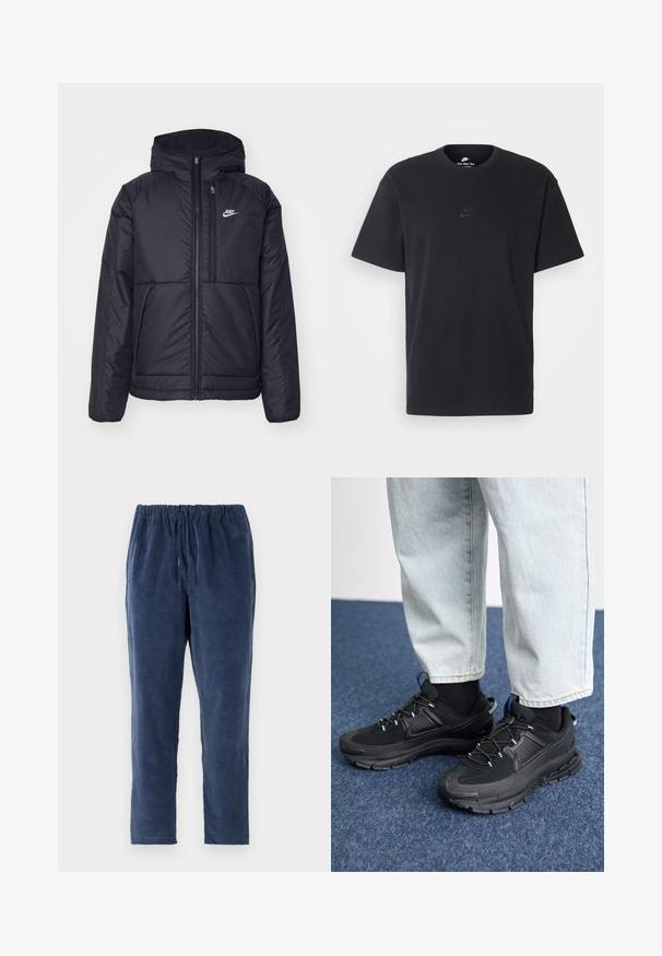 Melna, pufota Nike jaka ar priekšējo rāvējslēdzēju un kapuci. Iezīmēta ar baltu logotipu uz kreisās krūtis un divām priekšējām kabatām. Gluda ārējā tekstūra.; Nike melns kokvilnas T-krekls ar klasisku piegriezumu, īsām piedurknēm un smalku, reljefu logotipu uz krūškurvja. Gluda tekstūra.; Tumši zili bikses ar mīkstu tekstūru, elastīgu jostu un taisnu kāju dizainu. Bez kabatām. Audums izskatās nedaudz ķemmēts.; Melni sporta apavi ar strukturētu audumu un gumijas zoli, ar elastīgām auklām un zilu akcentu uz papēža. Nēsāti ar gaišām džinsu biksēm.