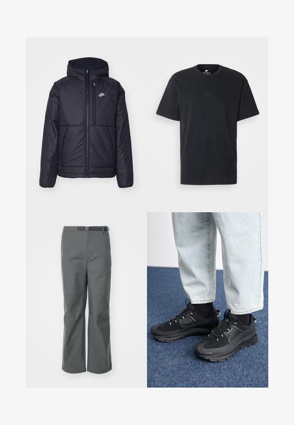 Casaco Nike preto, acolchoado, com fecho à frente e capuz. Apresenta um logo branco no lado esquerdo do peito e dois bolsos frontais. Textura exterior lisa.; T-shirt de algodão preto da Nike com um clássico decote redondo, mangas curtas e um logótipo em relevo discreto no peito. Textura suave.; Calças exteriores cinzentas feitas de tecido durável, com um corte reto, cinto ajustável e detalhes nas costuras para uma estrutura adicional.; Sapatilhas desportivas pretas com tecido texturizado e solas em borracha, apresentando atacadores elásticos e um detalhe azul no calcanhar. Usadas com calças de ganga claras.