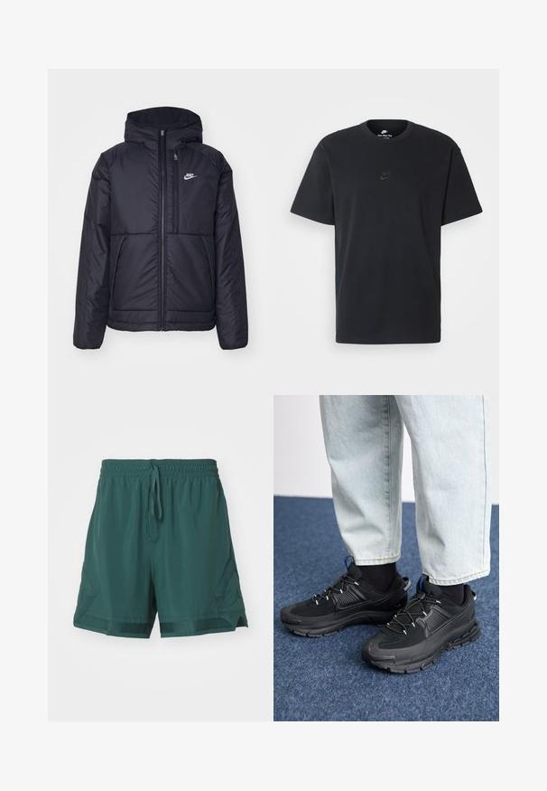 Schwarze, gepolsterte Nike-Jacke mit Frontreißverschluss und Kapuze. Hat ein weißes Logo auf der linken Brust und zwei Fronttaschen. Glattes äußeres Material.; Schwarzes Baumwoll-T-Shirt von Nike mit klassischem Rundhalsausschnitt, kurzen Ärmeln und einem dezenten, geprägten Logo auf der Brust. Glatte Textur.; Jordan WOVEN DIAMOND SHORT - Kurze Sporthose - oxidized green; Schwarze Sportschuhe aus strukturiertem Stoff mit Gummisohlen, ausgestattet mit elastischen Schnürsenkeln und einem blauen Akzent an der Ferse. Getragen mit hellen Jeans.
