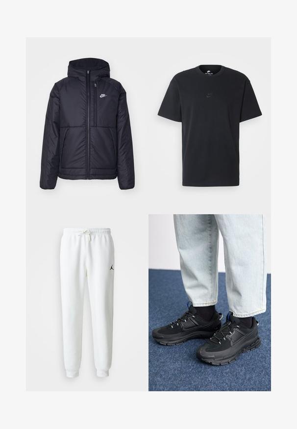 Casaco Nike preto, acolchoado, com fecho à frente e capuz. Apresenta um logo branco no lado esquerdo do peito e dois bolsos frontais. Textura exterior lisa.; T-shirt de algodão preto da Nike com um clássico decote redondo, mangas curtas e um logótipo em relevo discreto no peito. Textura suave.; Calças de treino brancas feitas de uma mistura de algodão macio, com um cós elástico e cordão, e um pequeno logótipo preto na coxa esquerda.; Sapatilhas desportivas pretas com tecido texturizado e solas em borracha, apresentando atacadores elásticos e um detalhe azul no calcanhar. Usadas com calças de ganga claras.