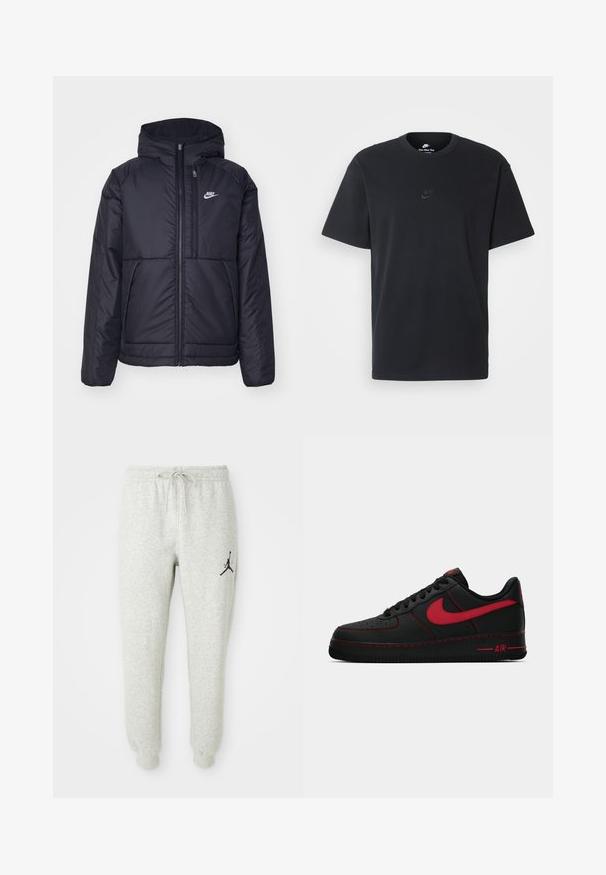 Zwarte, gewatteerde Nike-jas met een voorkant met ritssluiting en capuchon. Kenmerkt zich door een wit logo op de linkerborst en dubbele frontzakken. Gladde buitenkant.; Zwarte katoenen t-shirt van Nike met een klassieke ronde hals, korte mouwen en een subtiele, reliëflogo op de borst. Gladde textuur.; Grijze sweatpants met elastische tailleband en trekkoord, voorzien van een zwart Jumpman-logo op het linkerbeen, gemaakt van zachte, gestructureerde stof.; Zwarte leren Nike Air Force 1 sneakers met rode accenten, voorzien van een gladde textuur, geperforeerde neus en contrasterende rode stiksel.