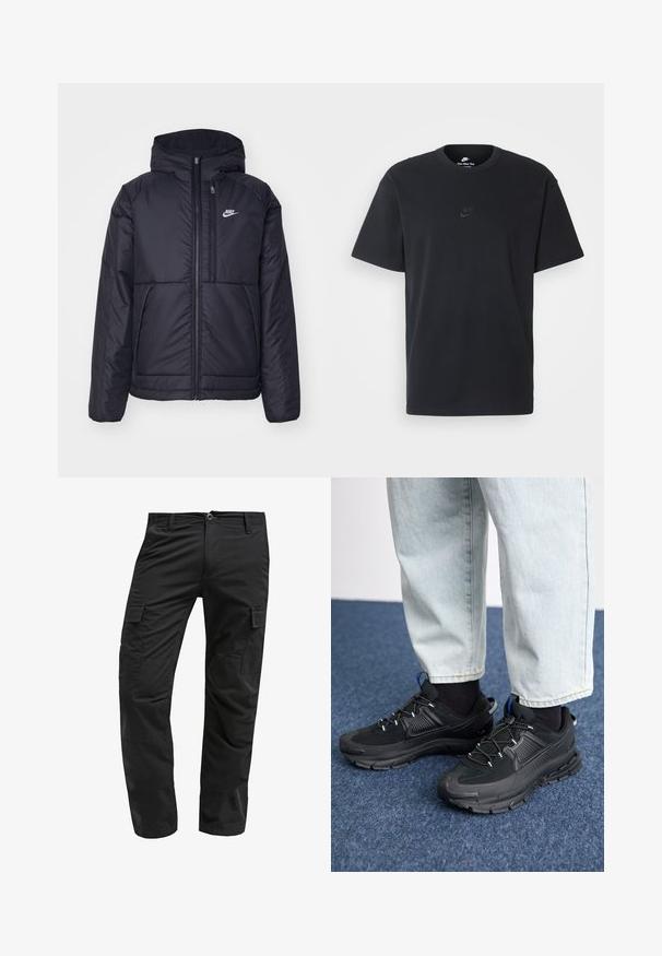 Svart, polstret Nike-jakke med frontglidelås og hette. Har en hvit logo på venstre bryst og doble frontlommer. Glatt ytterside.; Nike svart bomull T-skjorte med klassisk rund hals, korte ermer, og en subtil, preget logo på brystet. Glatt tekstur.; Svart cargo bukser med rett snitt, laget av slitesterkt stoff, med flere sidelommer og knappelukking i livet.; Svarte sportssko med teksturert stoff og gummisåler, med elastiske lisser og en blå detalj på hælen. Brukt med lyse denimbukser.