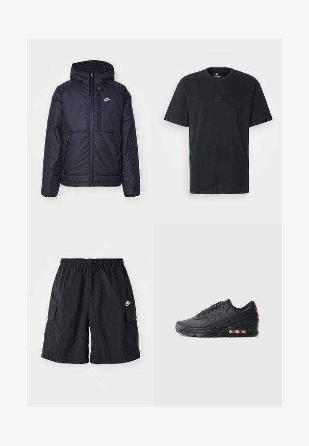 Μαύρο, επενδυμένο μπουφάν Nike με μπροστινό φερμουάρ και κουκούλα. Διαθέτει λευκό λογότυπο στο αριστερό στήθος και διπλές μπροστινές τσέπες. Λείο εξωτερικό υλικό.; Μαύρη βαμβακερή μπλούζα Nike με κλασικό στρογγυλό λαιμό, κοντά μανίκια και μια διακριτική, ανάγλυφη λογότυπο στο στήθος. Λείο ύφασμα.; Μαύρες cargo βερμούδες Nike από ελαφρύ υλικό, με ελαστική μέση, πλάγιες τσέπες και το λογότυπο Nike σε λευκό χρώμα στο αριστερό πόδι.; Αθλητικά παπούτσια Nike Air Max 90 με μαύρο συνθετικό επάνω μέρος, υφή, μπροστινή ταινία με κορδόνια, ορατή μονάδα αέρος και λογότυπο σε πορτοκαλί απόχρωση.