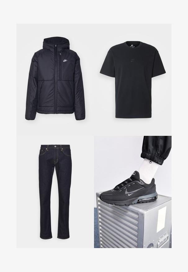 Giacca Nike nera, imbottita, con zip frontale e cappuccio. Presenta un logo bianco sul lato sinistro del petto e doppie tasche frontali. Texture esterna liscia.; T-shirt in cotone nero della Nike con collo rotondo classico, maniche corte e un logo in rilievo discreto sul petto. Texture liscia.; Edwin REGULAR TAPERED - Jeans Tapered Fit - kaihara pure indigo; Nike Sportswear PULSE - Sneakers basse - black/anthracite