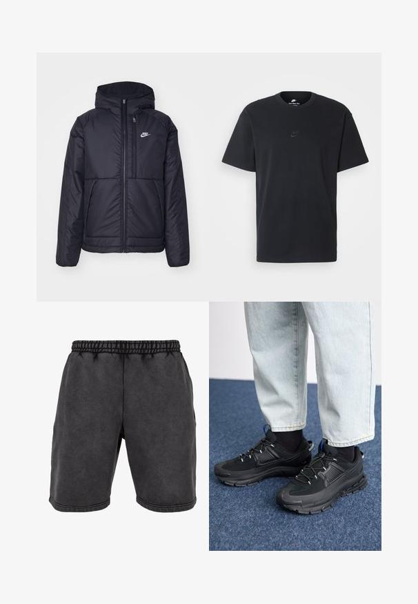 Jachetă Nike neagră, căptușită, cu fermoar pe față și glugă. Prezintă un logo alb pe pieptul stâng și două buzunare frontale. Textură exterioară netedă.; Tricou din bumbac negru Nike, cu guler rotund clasic, mâneci scurte și un logo subtil embosat pe piept. Textură netedă.; Șorturi negre din bumbac, cu talie elastică, prevăzute cu buzunare laterale și cusături decorative. Țesătura are o textură moale, mată.; Pantofi sport negri, cu țesătură texturată și tălpi din cauciuc, având șireturi elastice și un accent albastru pe toc. Purtați cu pantaloni din denim deschis.