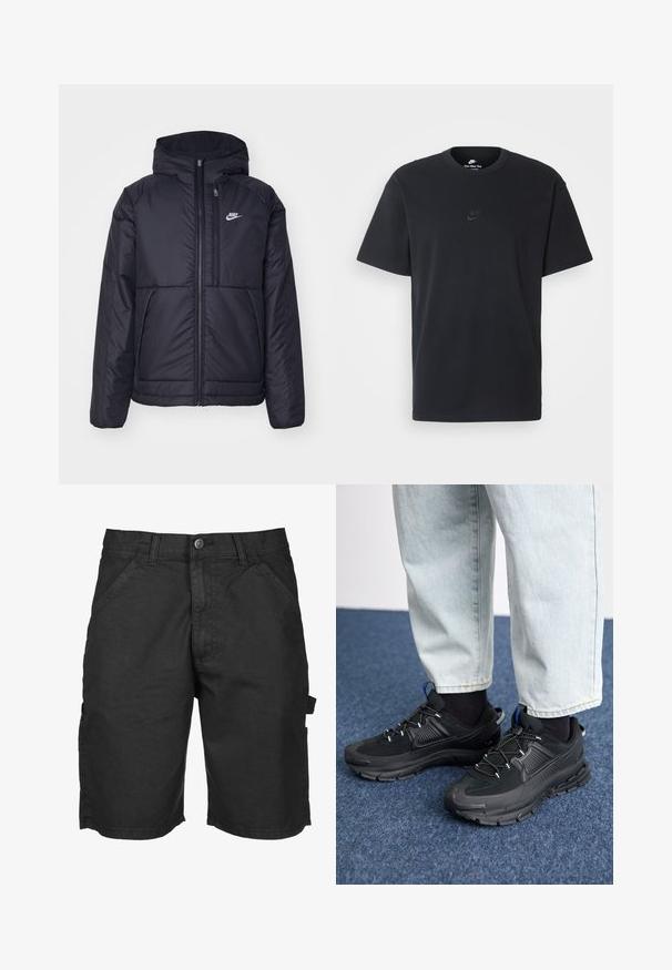 Fekete, párnázott Nike dzseki elülső cipzárral és kapucnival. A bal mellen fehér logó található, valamint két elülső zseb. Simának tűnő külső felület.; Fekete pamut póló Nike márkájú, klasszikus, kerek nyakú, rövid ujjú, és letisztult, dombornyomott logóval a mellkason. Simább textúra.; Fekete cargo rövidnadrág könnyű anyagból, cipzáros és gombos záródással, oldalsó zsebekkel és egy hasznos zsebbel a lábon.; Fekete sportcipők texturált anyaggal és gumitalppal, elasztikus fűzőkkel és kék kiegészítővel a saroknál. Világos farmernadrággal viselve.