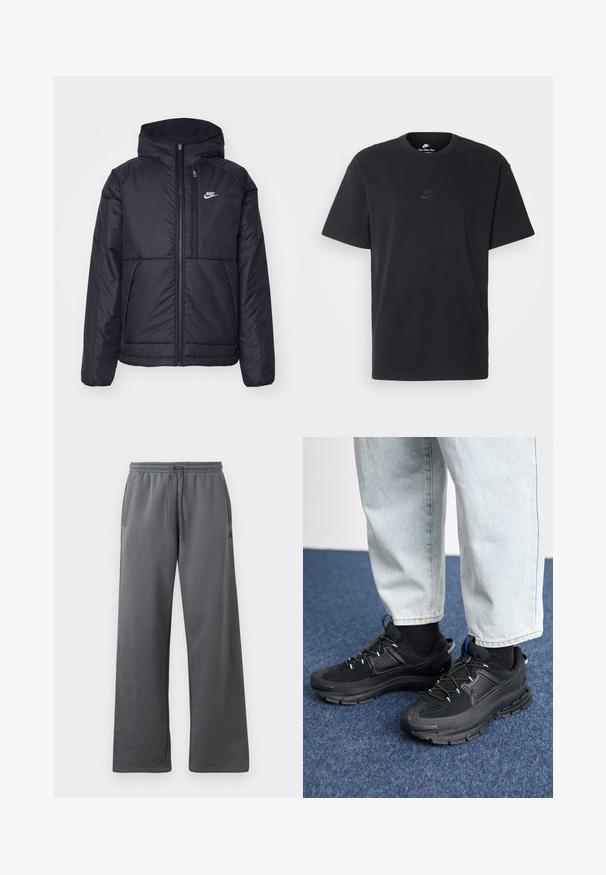 Black, padded Nike jacket with a front zipper and hood. Features a white logo on the left chest and dual front pockets. Smooth exterior texture.; Nike black cotton t-shirt with a classic crew neck, short sleeves, and a subtle, embossed logo on the chest. Smooth texture.; Gray sweatpants with a relaxed fit, made of soft fabric. Features an elastic waistband with drawstring and side pockets.; Black athletic shoes with textured fabric and rubber soles, featuring elastic laces and a blue accent on the heel. Worn with light denim pants.