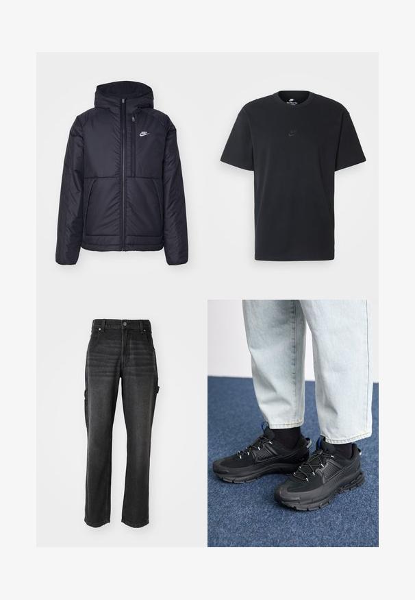 Casaco Nike preto, acolchoado, com fecho à frente e capuz. Apresenta um logo branco no lado esquerdo do peito e dois bolsos frontais. Textura exterior lisa.; T-shirt de algodão preto da Nike com um clássico decote redondo, mangas curtas e um logótipo em relevo discreto no peito. Textura suave.; Calças cargo em denim preto com pernas retas, apresentando bolsos laterais, fecho de botão de metal e costuras tonais. Tecido texturizado.; Sapatilhas desportivas pretas com tecido texturizado e solas em borracha, apresentando atacadores elásticos e um detalhe azul no calcanhar. Usadas com calças de ganga claras.