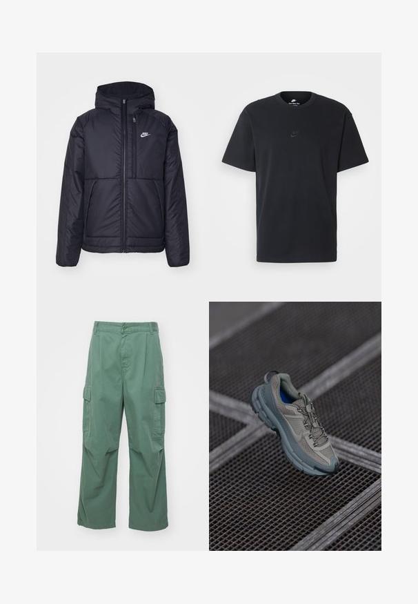 Fekete, párnázott Nike dzseki elülső cipzárral és kapucnival. A bal mellen fehér logó található, valamint két elülső zseb. Simának tűnő külső felület.; Fekete pamut póló Nike márkájú, klasszikus, kerek nyakú, rövid ujjú, és letisztult, dombornyomott logóval a mellkason. Simább textúra.; Zöld vászon nadrág, amely pamutból készült, laza fazonú, széles lábakkal és oldalsó zsebekkel rendelkezik. Az anyag sima textúrájú, minta nélkül.; Beige és szürke sportcipő, texturált hálós felsőrésszel, kerek orral és gumitalppal, fűzőkkel és párnázott bokával.