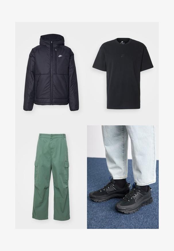 Black, padded Nike jacket with a front zipper and hood. Features a white logo on the left chest and dual front pockets. Smooth exterior texture.; Nike black cotton t-shirt with a classic crew neck, short sleeves, and a subtle, embossed logo on the chest. Smooth texture.; Green cargo pants made of cotton, featuring a loose fit, wide legs, and side pockets. The fabric has a smooth texture without patterns.; Black athletic shoes with textured fabric and rubber soles, featuring elastic laces and a blue accent on the heel. Worn with light denim pants.