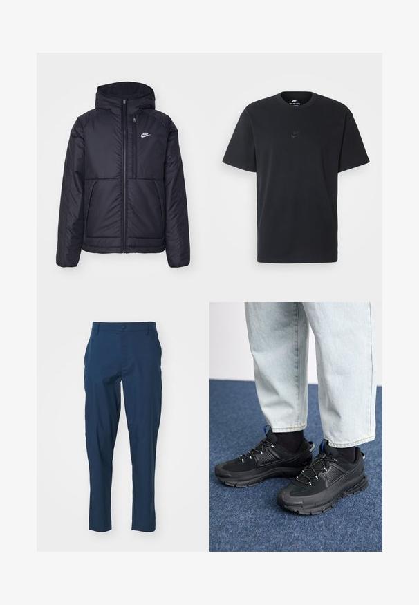 Black, padded Nike jacket with a front zipper and hood. Features a white logo on the left chest and dual front pockets. Smooth exterior texture.; Nike black cotton t-shirt with a classic crew neck, short sleeves, and a subtle, embossed logo on the chest. Smooth texture.; Navy blue trousers with a smooth fabric, slim fit, front pockets, and a single button closure at the waistband. No visible patterns.; Black athletic shoes with textured fabric and rubber soles, featuring elastic laces and a blue accent on the heel. Worn with light denim pants.
