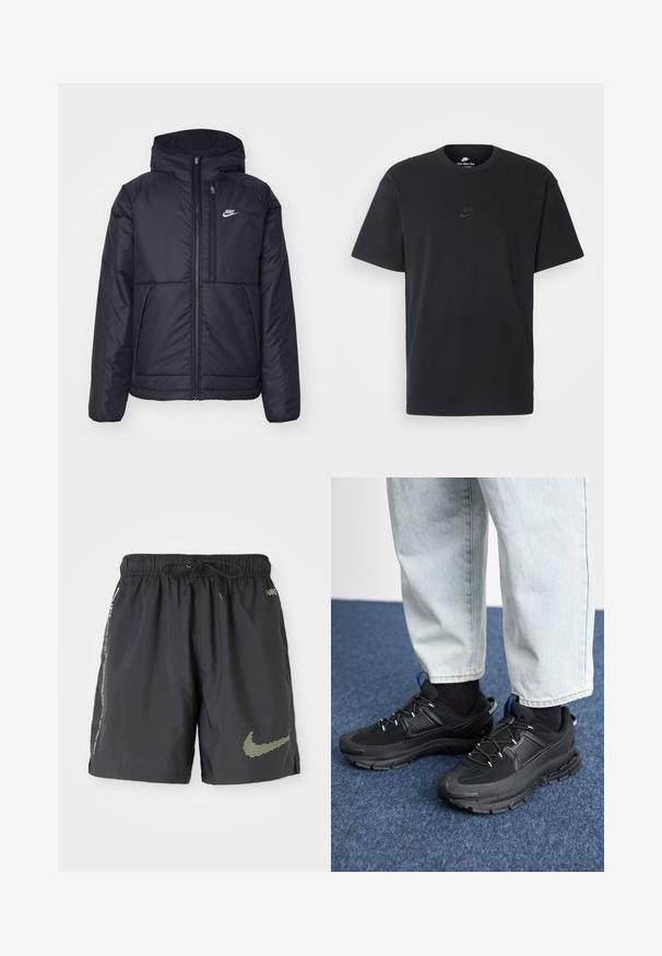 Zwarte, gewatteerde Nike-jas met een voorkant met ritssluiting en capuchon. Kenmerkt zich door een wit logo op de linkerborst en dubbele frontzakken. Gladde buitenkant.; Zwarte katoenen t-shirt van Nike met een klassieke ronde hals, korte mouwen en een subtiele, reliëflogo op de borst. Gladde textuur.; Zwarte lichtgewicht zwembroek met een elastische tailleband, trekkoord en een neongele Nike-logo. Bevat zijzakken en reflecterende accenten.; Zwarte sportschoenen met gestructureerde stof en rubberen zolen, met elastische veters en een blauwe accent op de hiel. Draag samen met lichte spijkerbroeken.