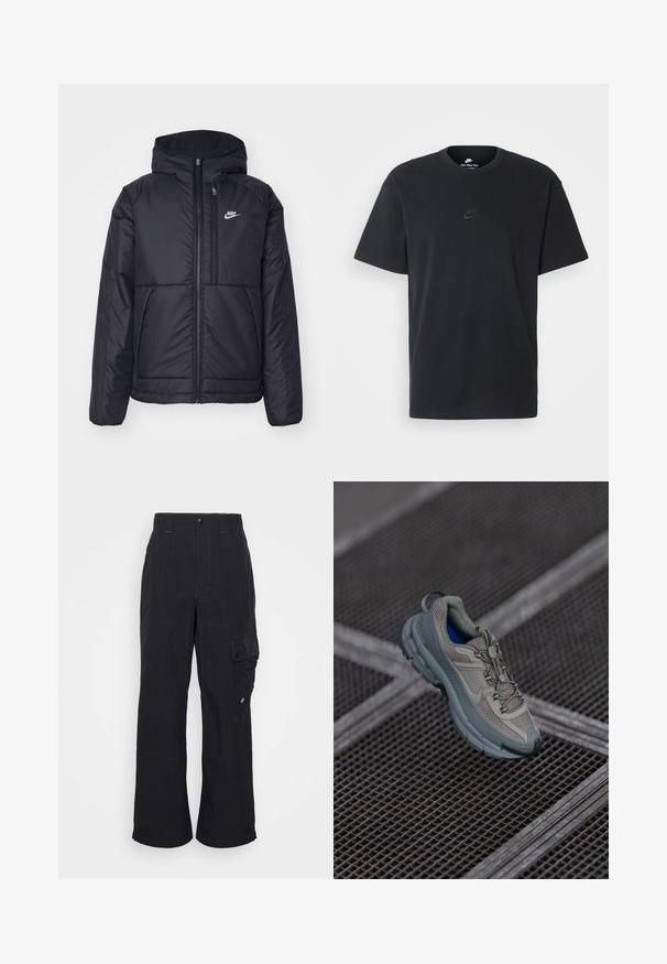 Fekete, párnázott Nike dzseki elülső cipzárral és kapucnival. A bal mellen fehér logó található, valamint két elülső zseb. Simának tűnő külső felület.; Fekete pamut póló Nike márkájú, klasszikus, kerek nyakú, rövid ujjú, és letisztult, dombornyomott logóval a mellkason. Simább textúra.; Fekete cargo nadrág, texturált anyagból, széles lábakkal, látható varrással és oldalzsebbel, patenttal.; Beige és szürke sportcipő, texturált hálós felsőrésszel, kerek orral és gumitalppal, fűzőkkel és párnázott bokával.