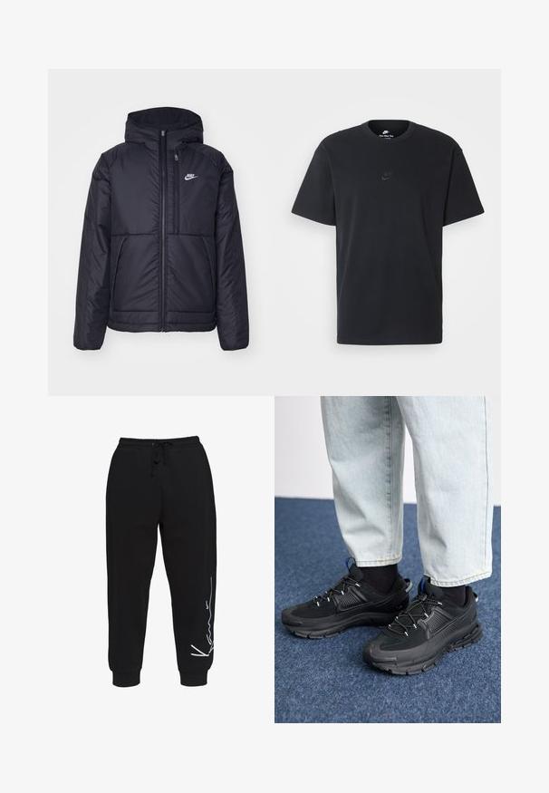 Chaqueta acolchada negra de Nike con cremallera frontal y capucha. Presenta un logo blanco en el lado izquierdo del pecho y dos bolsillos frontales. Textura exterior suave.; Camiseta negra de algodón de Nike con un clásico cuello redondo, mangas cortas y un sutil logo en relieve en el pecho. Textura suave.; Pantalones de chándal negros de algodón, con una cintura elástica y cordón, piernas ajustadas y un diseño de logo blanco en el lado izquierdo.; Zapatillas deportivas negras con tejido texturizado y suelas de goma, con cordones elásticos y un acento azul en el talón. Combinadas con pantalones de mezclilla claros.