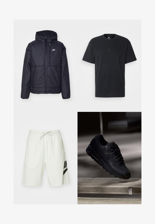 Czarna, pikowana kurtka Nike z przednim zamkiem błyskawicznym i kapturem. Posiada białe logo po lewej stronie klatki piersiowej oraz podwójne kieszenie z przodu. Gładka struktura zewnętrzna.; Czarny bawełniany t-shirt Nike z klasycznym okrągłym dekoltem, krótkimi rękawami oraz subtelnym, wytłoczonym logo na piersi. Gładka tekstura.; Jasnoszare bawełniane szorty z elastycznym paskiem w talii, regulowanym sznurkiem i czarnym logo Nike po lewej stronie.; Czarne sneakersy Nike Air Max 90 z teksturowaną siateczkową cholewką, gładkimi skórzanymi akcentami, miękkim kołnierzem i widoczną poduszką powietrzną w podeszwie.