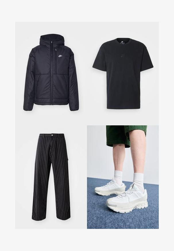 Schwarze, gepolsterte Nike-Jacke mit Frontreißverschluss und Kapuze. Hat ein weißes Logo auf der linken Brust und zwei Fronttaschen. Glattes äußeres Material.; Schwarzes Baumwoll-T-Shirt von Nike mit klassischem Rundhalsausschnitt, kurzen Ärmeln und einem dezenten, geprägten Logo auf der Brust. Glatte Textur.; Marine gestreifte Hosen mit weitem Bein, aus einem Stoff mit vertikalen weißen Streifen, mit Knopf- und Reißverschlussöffnung sowie seitlichen Taschen.; Weiße Sportschuhe mit strukturierten Überzügen, einer dicken Sohle und grauen Akzenten. Tragen mit weißen Crew-Socken und grünen Shorts auf einer blauen Oberfläche.