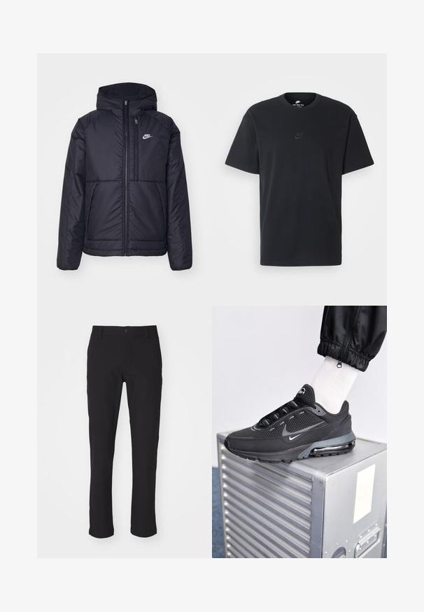 Czarna, pikowana kurtka Nike z przednim zamkiem błyskawicznym i kapturem. Posiada białe logo po lewej stronie klatki piersiowej oraz podwójne kieszenie z przodu. Gładka struktura zewnętrzna.; Czarny bawełniany t-shirt Nike z klasycznym okrągłym dekoltem, krótkimi rękawami oraz subtelnym, wytłoczonym logo na piersi. Gładka tekstura.; Czarne spodnie wykonane z gładkiego materiału, z zapięciem na guzik, dopasowanym prostym kroju oraz bez widocznych wzorów czy akcentów.; Nike Sportswear PULSE czarny