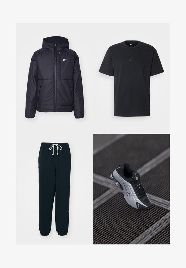 Schwarze, gepolsterte Nike-Jacke mit Frontreißverschluss und Kapuze. Hat ein weißes Logo auf der linken Brust und zwei Fronttaschen. Glattes äußeres Material.; Schwarzes Baumwoll-T-Shirt von Nike mit klassischem Rundhalsausschnitt, kurzen Ärmeln und einem dezenten, geprägten Logo auf der Brust. Glatte Textur.; Schwarze Jogginghosen aus weichem Stoff, mit einem elastischen Bund und Kordelzug, eng geschnittenen Knöcheln und einem kleinen weißen Logo-Accente.; Nike Sportsschuh mit einem schwarzen und silbernen Design. Hergestellt aus synthetischem Material mit Mesh-Akzenten und einer stützenden Sohle mit sichtbarer Air-Dämpfung.
