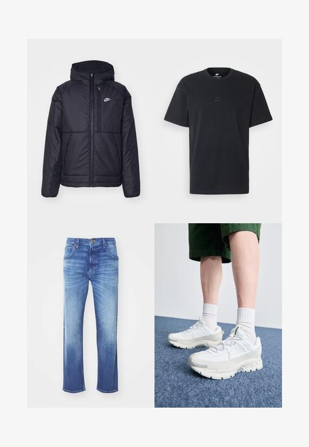 Casaco Nike preto, acolchoado, com fecho à frente e capuz. Apresenta um logo branco no lado esquerdo do peito e dois bolsos frontais. Textura exterior lisa.; T-shirt de algodão preto da Nike com um clássico decote redondo, mangas curtas e um logótipo em relevo discreto no peito. Textura suave.; Jeans de ganga azuis com corte reto, apresentando um design de desvanecimento, cinco bolsos, fecho de botão metálico e uma leve textura desgastada.; Sapatos atléticos brancos com sobreposições texturizadas, sola espessa e detalhes em cinza. Usados com meias brancas até ao tornozelo e calções verdes sobre uma superfície azul.