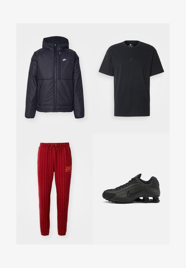 Casaco Nike preto, acolchoado, com fecho à frente e capuz. Apresenta um logo branco no lado esquerdo do peito e dois bolsos frontais. Textura exterior lisa.; T-shirt de algodão preto da Nike com um clássico decote redondo, mangas curtas e um logótipo em relevo discreto no peito. Textura suave.; Calças de treino com riscas vermelhas, cintura elástica e cordão. Apresentam "JUST DO IT" bordado em laranja. Tecido suave com design de perna afunilada.; Ténis de corrida pretos com um upper sintético suave, acentos perfurados, painéis laterais texturizados e uma sola distinta e elástica.