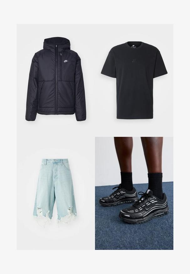 Čierna, polstrovaná bunda Nike so zipsom vpredu a kapucňou. Na ľavej strane hrude sa nachádza biele logo a sú tu dva predné vrecká. Hladký vonkajší povrch.; Čierne bavlnené tričko Nike s klasickým okrúhlym výstrihom, krátkymi rukávmi a jemne embosovaným logom na hrudi. Hladká textúra.; Svetlomodré denim šortky s vysokým pásom, s poškodenými miestami a rozstrapkanými okrajmi. Navrhnuté s piatimi vreckami a klasickým zapínaním na gombík.; Čierne tenisky Nike majú sieťkový zvršok s akcentovými pruhmi, textúrovaným šnurovaním a čiernu gumovú podrážku. Nosené s čiernymi rebrovanými ponožkami.
