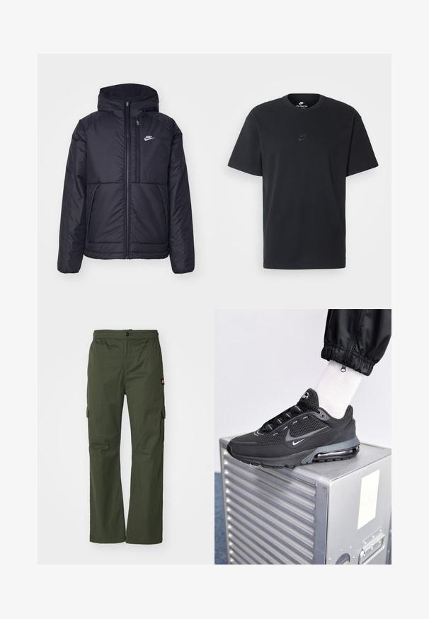 Černá zateplená bunda Nike s předním zipem a kapucí. Na levé straně hrudi má bílé logo a dvojité přední kapsy. Hladký povrch.; Černé bavlněné tričko Nike s klasickým kulatým výstřihem, krátkými rukávy a decentně vyraženým logem na hrudi. Hladký povrch.; Olivově zelené cargo kalhoty s knoflíkovým zapínáním, elastickým pasem a bočními kapsami, vyrobené z lehkého materiálu se hladkým povrchem.; Nike Sportswear PULSE - Tenisky - black/anthracite