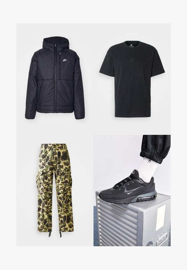 Chaqueta acolchada negra de Nike con cremallera frontal y capucha. Presenta un logo blanco en el lado izquierdo del pecho y dos bolsillos frontales. Textura exterior suave.; Camiseta negra de algodón de Nike con un clásico cuello redondo, mangas cortas y un sutil logo en relieve en el pecho. Textura suave.; Pantalones cargo de pierna recta para hombre con un patrón de camuflaje en verde, marrón y beige, cierre de botón, bolsillos laterales y dobladillos con cordón.; Nike Sportswear PULSE - Zapatillas - black/anthracite