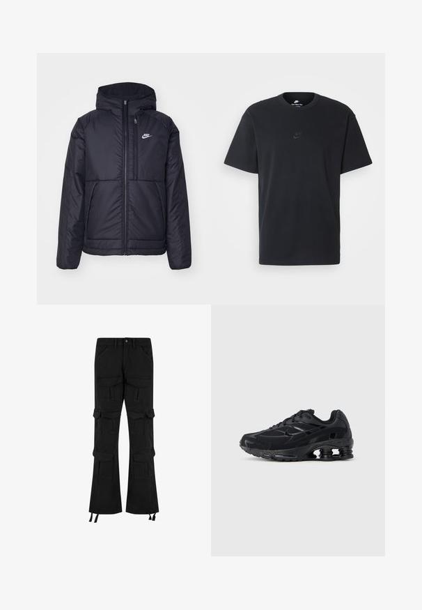 Jachetă Nike neagră, căptușită, cu fermoar pe față și glugă. Prezintă un logo alb pe pieptul stâng și două buzunare frontale. Textură exterioară netedă.; Tricou din bumbac negru Nike, cu guler rotund clasic, mâneci scurte și un logo subtil embosat pe piept. Textură netedă.; Pantaloni cargo negri din denim, cu multiple buzunare, un design cu picior larg și șnururi ajustabile la tiv.; Pantof sport negru cu partea superioară din plasă, guler căptușit și tehnologie de amortizare proeminentă la călcâi. Include accente texturate și șireturi.