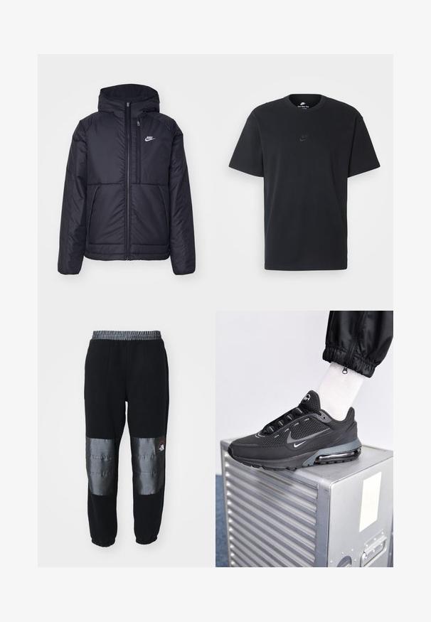 Zwarte, gewatteerde Nike-jas met een voorkant met ritssluiting en capuchon. Kenmerkt zich door een wit logo op de linkerborst en dubbele frontzakken. Gladde buitenkant.; Zwarte katoenen t-shirt van Nike met een klassieke ronde hals, korte mouwen en een subtiele, reliëflogo op de borst. Gladde textuur.; The North Face M RETRO DENALI PANT - Trainingsbroek - black/moonstone grey; Nike Sportswear PULSE - Sneakers laag - black/anthracite