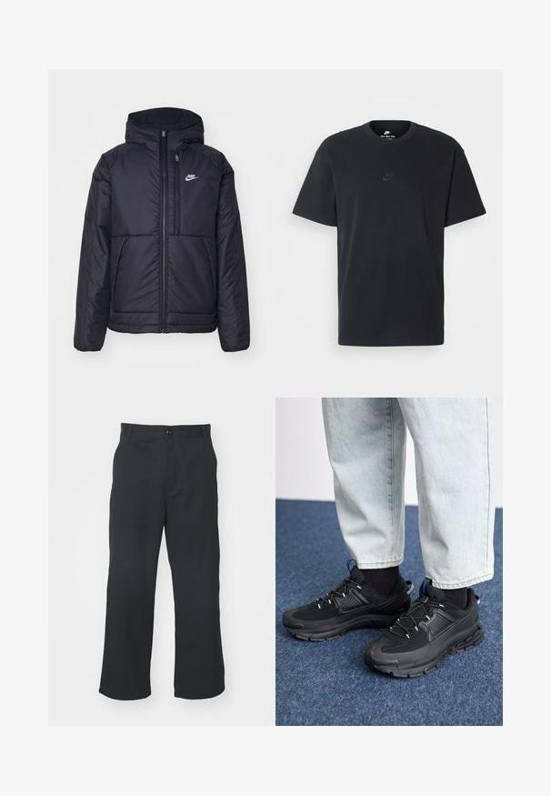 Veste Nike noire rembourrée avec une fermeture éclair sur le devant et une capuche. Elle présente un logo blanc sur la poitrine gauche et deux poches avant. Texture extérieure lisse.; T-shirt en coton noir Nike avec un col rond classique, des manches courtes et un logo embossé subtil sur la poitrine. Texture lisse.; Pantalons noirs à jambes droites en tissu à la texture lisse, dotés d'une fermeture par bouton à l'avant et de poches standard.; Des chaussures de sport noires avec un tissu texturé et des semelles en caoutchouc, dotées de lacets élastiques et d'un accent bleu au talon. Portées avec un pantalon en denim clair.