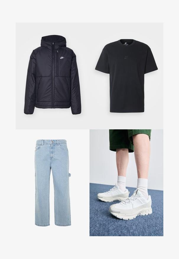 Casaco Nike preto, acolchoado, com fecho à frente e capuz. Apresenta um logo branco no lado esquerdo do peito e dois bolsos frontais. Textura exterior lisa.; T-shirt de algodão preto da Nike com um clássico decote redondo, mangas curtas e um logótipo em relevo discreto no peito. Textura suave.; Karl Kani BAGGY - Calças de ganga de corte relaxado - blue; Sapatos atléticos brancos com sobreposições texturizadas, sola espessa e detalhes em cinza. Usados com meias brancas até ao tornozelo e calções verdes sobre uma superfície azul.