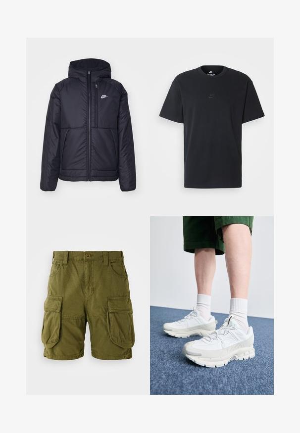 Casaco Nike preto, acolchoado, com fecho à frente e capuz. Apresenta um logo branco no lado esquerdo do peito e dois bolsos frontais. Textura exterior lisa.; T-shirt de algodão preto da Nike com um clássico decote redondo, mangas curtas e um logótipo em relevo discreto no peito. Textura suave.; Calções de carga verde-azeitona feitos de uma mistura de algodão. Apresentam dois grandes bolsos laterais e um fecho de botão com passantes para cinto. Textura suave.; Sapatos atléticos brancos com sobreposições texturizadas, sola espessa e detalhes em cinza. Usados com meias brancas até ao tornozelo e calções verdes sobre uma superfície azul.