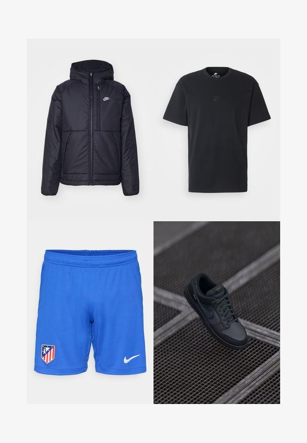 Jachetă Nike neagră, căptușită, cu fermoar pe față și glugă. Prezintă un logo alb pe pieptul stâng și două buzunare frontale. Textură exterioară netedă.; Tricou din bumbac negru Nike, cu guler rotund clasic, mâneci scurte și un logo subtil embosat pe piept. Textură netedă.; Shorts atletici albaștri cu un brâu elastic, având un logo al echipei pe partea stângă și un swoosh alb Nike pe partea dreaptă.; Adidași Nike din piele neagră, cu vârful rotunjit, vamp perforat și talpă din cauciuc texturat. Inclusiv șireturi și branding subtil.