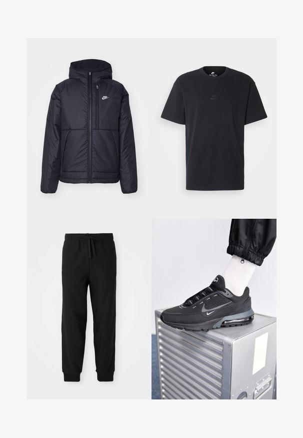 Schwarze, gepolsterte Nike-Jacke mit Frontreißverschluss und Kapuze. Hat ein weißes Logo auf der linken Brust und zwei Fronttaschen. Glattes äußeres Material.; Schwarzes Baumwoll-T-Shirt von Nike mit klassischem Rundhalsausschnitt, kurzen Ärmeln und einem dezenten, geprägten Logo auf der Brust. Glatte Textur.; Schwarze Sweatpants mit elastischem Bund und verstellbarem Kordelzug. Enganliegende Bündchen und Seitennähte schaffen eine schlanke Silhouette.; Nike Sportswear PULSE - Sneaker low - black/anthracite