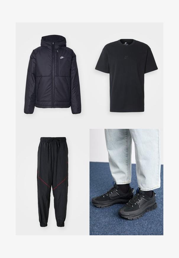 Casaco Nike preto, acolchoado, com fecho à frente e capuz. Apresenta um logo branco no lado esquerdo do peito e dois bolsos frontais. Textura exterior lisa.; T-shirt de algodão preto da Nike com um clássico decote redondo, mangas curtas e um logótipo em relevo discreto no peito. Textura suave.; Calças de jogging pretas feitas de tecido leve, com costuras em destaque vermelhas, cintura elástica com cordão e punhos elásticos.; Sapatilhas desportivas pretas com tecido texturizado e solas em borracha, apresentando atacadores elásticos e um detalhe azul no calcanhar. Usadas com calças de ganga claras.