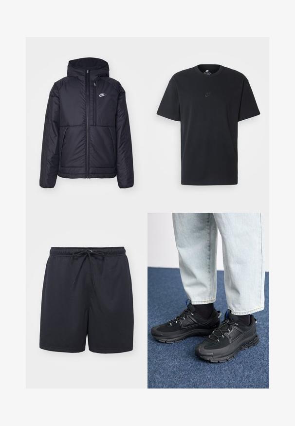 Czarna, pikowana kurtka Nike z przednim zamkiem błyskawicznym i kapturem. Posiada białe logo po lewej stronie klatki piersiowej oraz podwójne kieszenie z przodu. Gładka struktura zewnętrzna.; Czarny bawełniany t-shirt Nike z klasycznym okrągłym dekoltem, krótkimi rękawami oraz subtelnym, wytłoczonym logo na piersi. Gładka tekstura.; Czarne spodenki sportowe wykonane z teksturowanej, oddychającej tkaniny; wyposażone w elastyczny pasek w talii z możliwością regulacji za pomocą sznurka.; Czarne buty sportowe z teksturowanej tkaniny i gumowymi podeszwami, z elastycznymi sznurówkami i niebieskim akcentem na pięcie. Noszone z jasnymi dżinsami.