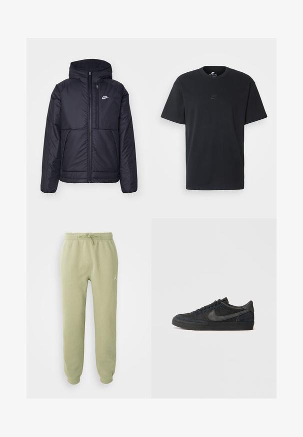 Fekete, párnázott Nike dzseki elülső cipzárral és kapucnival. A bal mellen fehér logó található, valamint két elülső zseb. Simának tűnő külső felület.; Fekete pamut póló Nike márkájú, klasszikus, kerek nyakú, rövid ujjú, és letisztult, dombornyomott logóval a mellkason. Simább textúra.; Világos zöld jogger nadrág rugalmas derékkal, zsinórral, c erzett bokákkal és egy kis Jumpman logóval a jobb combján.; Fekete velúr sportcipők alacsony profillal, gumi talppal, strukturált oldalsó panelek és azonos színű Nike logóval. Fűzős elülső rész, párnázott nyak.