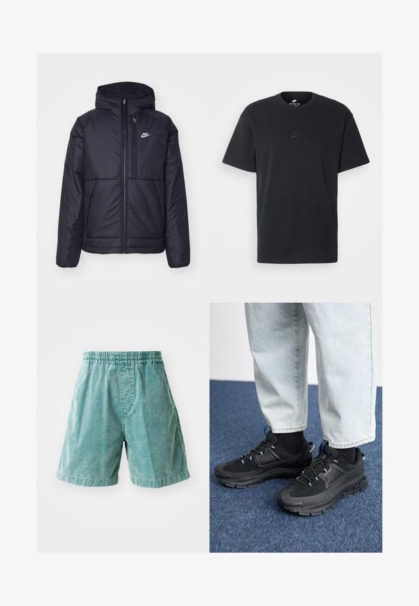 Juodas, paminkštintas Nike džemperis su priekyje užtrauktuku ir gobtuvu. Pasižymi balta logo kairėje krūtinės pusėje ir dviem priekinėmis kišenėmis. Su lygiu išoriniu paviršiumi.; Juodas medvilninis Nike marškinėliai su klasikinėmis apykaklėmis, trumpomis rankovėmis ir subtiliu, įspaustu logotipu ant krūtinės. Sklandus tekstūra.; Turkio spalvos kordūrojo šortai su elastiniu liemeniu, turintys šonines kišenes ir tiesų kirpimą. Audinys su tekstūra ir matomomis briaunomis.; Juodi sportiniai bateliai su tekstūruota medžiaga ir guminiais padais, su elastingomis raišteliais ir mėlynu akcentu ant kulno. Dėvimi su šviesiai mėlynomis džinsinėmis kelnėmis.