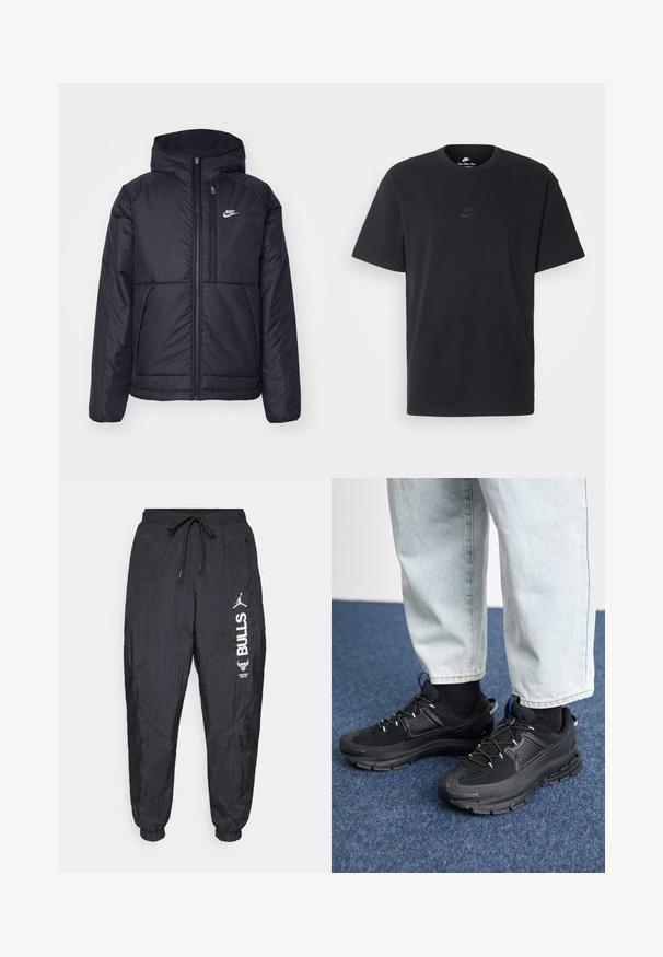 Črna, podložena Nike jakna z sprednjim zadrgo in kapuco. Ima bel logo na levem prsnem delu in dvojna sprednja žepa. Gladka zunanja tekstura.; Nike črna bombažna majica z klasičnim okroglim izrezom, kratkimi rokavi in subtilnim, vtisnjenim logotipom na prsih. Gladka tekstura.; Črne najlonske trenirke z elastičnimi manšetami, vrvico v pasu in belim logotipom Chicago Bulls ter Jumpman na desni nogi.; Črne športne čevlje z teksturirano tkanino in gumijastimi podplati, ki imajo elastične vezalke ter modre poudarke na peti. Nosi se z lahkimi denim hlačami.