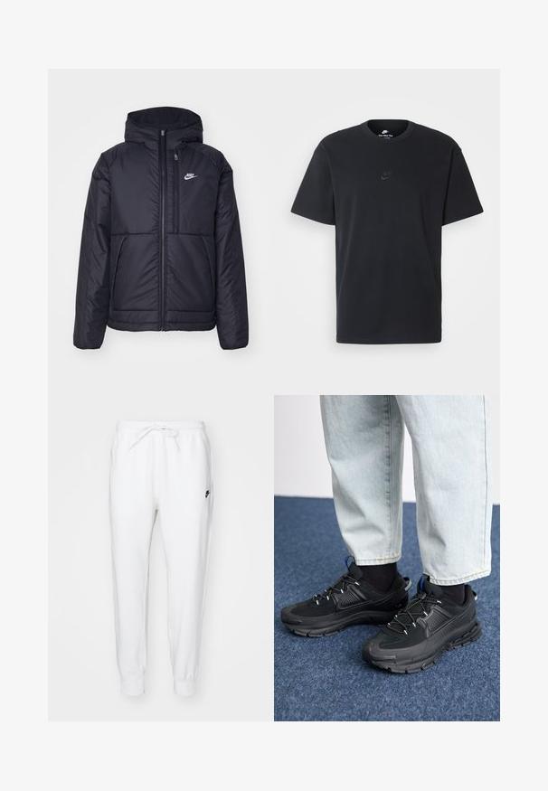 Melna, pufota Nike jaka ar priekšējo rāvējslēdzēju un kapuci. Iezīmēta ar baltu logotipu uz kreisās krūtis un divām priekšējām kabatām. Gluda ārējā tekstūra.; Nike melns kokvilnas T-krekls ar klasisku piegriezumu, īsām piedurknēm un smalku, reljefu logotipu uz krūškurvja. Gluda tekstūra.; Baltas sporta bikses ar elastīgu jostu un auklu. Kreisajā augšstilbā ir melns Nike logo. Bikses beidzas ar elastīgām aprocēm. Mīksta auduma tekstūra.; Melni sporta apavi ar strukturētu audumu un gumijas zoli, ar elastīgām auklām un zilu akcentu uz papēža. Nēsāti ar gaišām džinsu biksēm.
