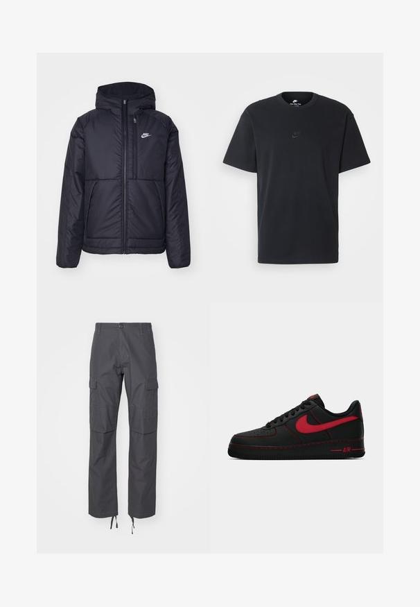 Veste Nike noire rembourrée avec une fermeture éclair sur le devant et une capuche. Elle présente un logo blanc sur la poitrine gauche et deux poches avant. Texture extérieure lisse.; T-shirt en coton noir Nike avec un col rond classique, des manches courtes et un logo embossé subtil sur la poitrine. Texture lisse.; Carhartt WIP AVIATION PANT - Pantalon cargo - graphite rinsed; Baskets Nike Air Force 1 en cuir noir avec des accents rouges, présentant une texture lisse, une pointe perforée et des coutures rouges contrastantes.