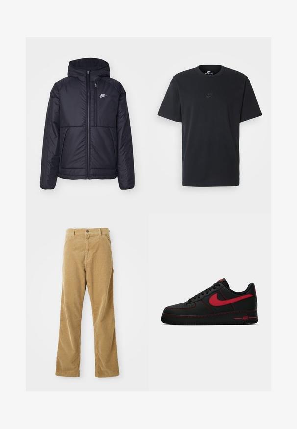 Veste Nike noire rembourrée avec une fermeture éclair sur le devant et une capuche. Elle présente un logo blanc sur la poitrine gauche et deux poches avant. Texture extérieure lisse.; T-shirt en coton noir Nike avec un col rond classique, des manches courtes et un logo embossé subtil sur la poitrine. Texture lisse.; Pantalon en velours côtelé marron avec poches avant, passants de ceinture, fermeture à bouton et coupe droite, posé à plat sur un fond blanc.; Baskets Nike Air Force 1 en cuir noir avec des accents rouges, présentant une texture lisse, une pointe perforée et des coutures rouges contrastantes.