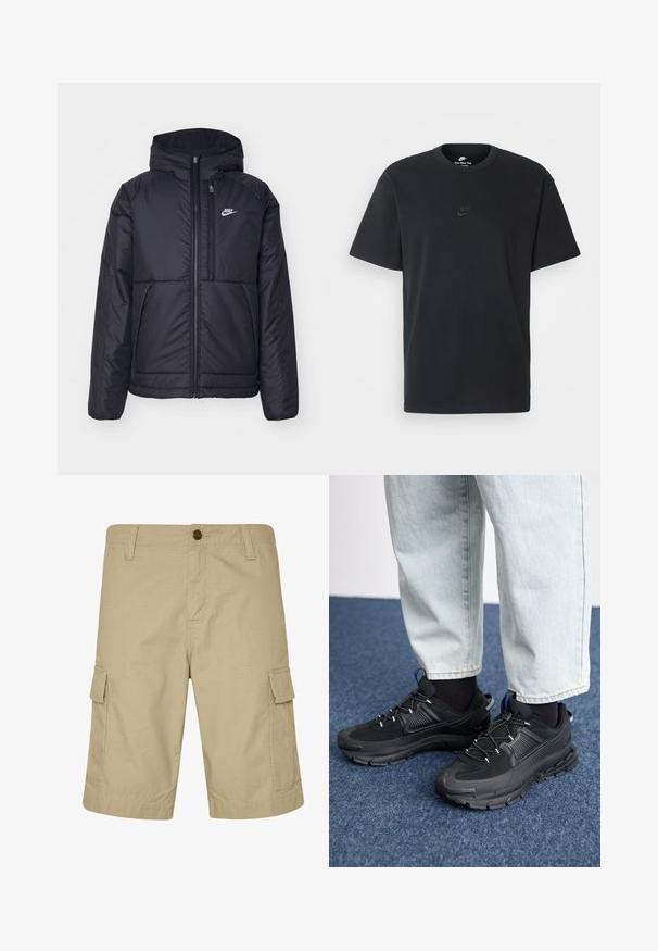 Casaco Nike preto, acolchoado, com fecho à frente e capuz. Apresenta um logo branco no lado esquerdo do peito e dois bolsos frontais. Textura exterior lisa.; T-shirt de algodão preto da Nike com um clássico decote redondo, mangas curtas e um logótipo em relevo discreto no peito. Textura suave.; Calções de carga bejes feitos de tecido leve, com frente lisa, bolsos laterais e padrão texturizado, ideais para um uso casual.; Sapatilhas desportivas pretas com tecido texturizado e solas em borracha, apresentando atacadores elásticos e um detalhe azul no calcanhar. Usadas com calças de ganga claras.