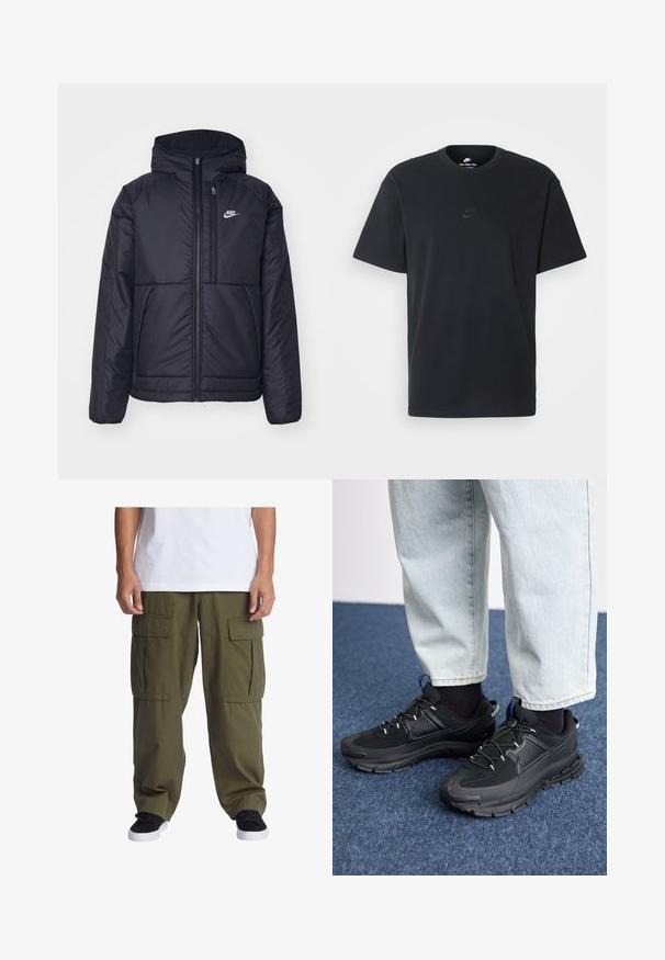 Schwarze, gepolsterte Nike-Jacke mit Frontreißverschluss und Kapuze. Hat ein weißes Logo auf der linken Brust und zwei Fronttaschen. Glattes äußeres Material.; Schwarzes Baumwoll-T-Shirt von Nike mit klassischem Rundhalsausschnitt, kurzen Ärmeln und einem dezenten, geprägten Logo auf der Brust. Glatte Textur.; Olivenfarbene Cargo-Hosen mit mehreren aufgesetzten Taschen, lockerer Passform und strapazierfähigem Stoff. Getragen mit schwarzen Schuhen und einem weißen T-Shirt.; Schwarze Sportschuhe aus strukturiertem Stoff mit Gummisohlen, ausgestattet mit elastischen Schnürsenkeln und einem blauen Akzent an der Ferse. Getragen mit hellen Jeans.