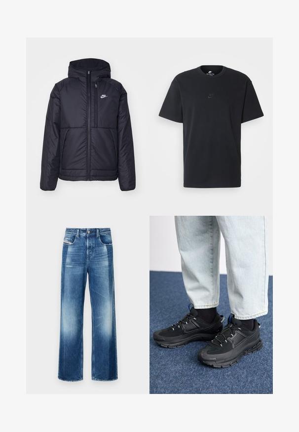 Black, padded Nike jacket with a front zipper and hood. Features a white logo on the left chest and dual front pockets. Smooth exterior texture.; Nike black cotton t-shirt with a classic crew neck, short sleeves, and a subtle, embossed logo on the chest. Smooth texture.; Wide-leg denim jeans in medium blue, featuring a button closure, front pockets, and slight fading. Clean hem with a straight cut.; Black athletic shoes with textured fabric and rubber soles, featuring elastic laces and a blue accent on the heel. Worn with light denim pants.