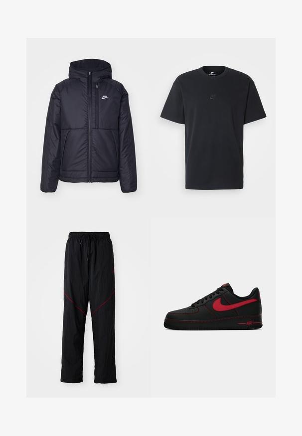 Black, padded Nike jacket with a front zipper and hood. Features a white logo on the left chest and dual front pockets. Smooth exterior texture.; Nike black cotton t-shirt with a classic crew neck, short sleeves, and a subtle, embossed logo on the chest. Smooth texture.; Black athletic pants with a textured finish, featuring a drawstring waist, red accent lines, and a loose fit.; Black leather Nike Air Force 1 sneakers with red accents, featuring a smooth texture, perforated toe, and contrasting red stitching.