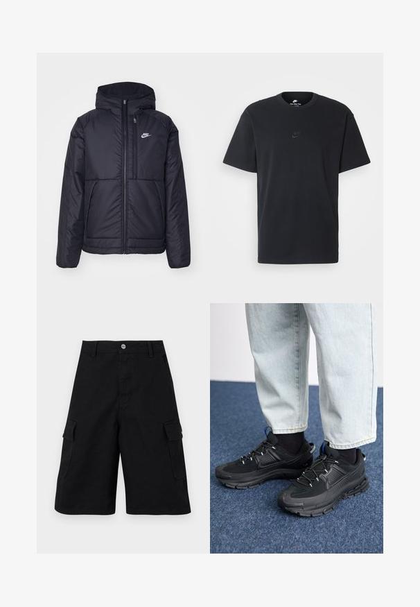 Jachetă Nike neagră, căptușită, cu fermoar pe față și glugă. Prezintă un logo alb pe pieptul stâng și două buzunare frontale. Textură exterioară netedă.; Tricou din bumbac negru Nike, cu guler rotund clasic, mâneci scurte și un logo subtil embosat pe piept. Textură netedă.; Shorts cargo negri realizati dintr-un material durabil. Au două buzunare laterale, fermoar la bragu, și un talie simplă cu un nasture metalic.; Pantofi sport negri, cu țesătură texturată și tălpi din cauciuc, având șireturi elastice și un accent albastru pe toc. Purtați cu pantaloni din denim deschis.